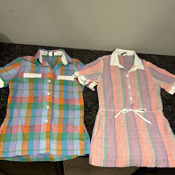 Lot of 2 Vintage Work Force by Barco Uniform Tops Plaid white cuffs XS Womens - Picture 1 of 10